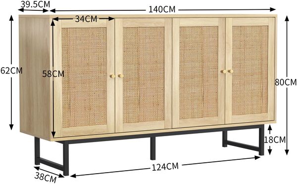 Sideboard 140 x 39,5 x 80 cm mit echtem Rattangeflecht, 4 Türen Bild 5