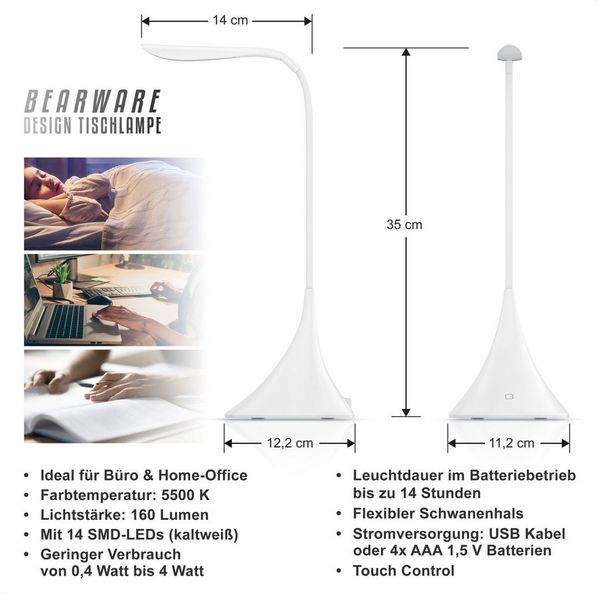 BEARWARE Schreibtischlampe LED Tischlampe, kabellos, flexibler Schwanenhals, geringer Verbrauch, mehrere Helligkeitsstufen, LED fest integriert, kaltweiß, Leselampe mit USB oder Batteriebetrieb, Bürolampe, 3 Helligkeitsstufen