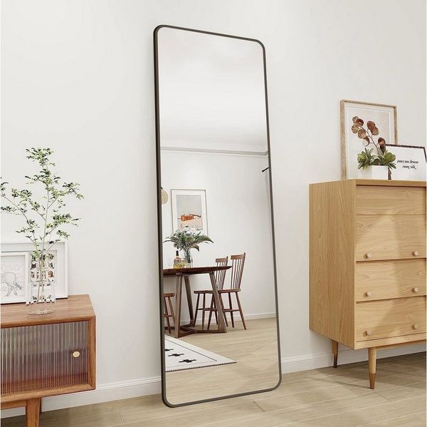 Boromal Ganzkörperspiegel Schwarz mit Metall Rahmen Haken Flurspiegel Standspiegel groß (Hochspiegel rechteckig HD Modern, 180x80, 150x50, 160x40, 140x40cm), mit explosionsgeschützte membran, hängend, Wand gelehnt
