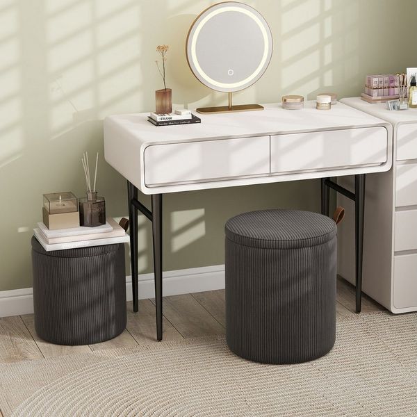 COSTWAY Sitzhocker (2 St), mit Stauraum 25L / 40L Schminkhocker gepolstert rund