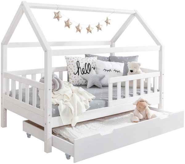 Ticaa Hausbett Kay mit Rausfallschutz und Schubkasten aus Kiefer, Kinderbett 80x160, inkl. Dach, mit Rollrost