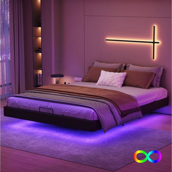 Furnishings Home Polsterbett Polsterbett hydraulisches Doppelbett mit Stauraum + LED-Licht (Set, Bett), Hausbett, mit Bettkasten 160x200cm PU
