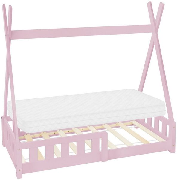 ML-DESIGN Spielbett Hausbett Tipi Zeltbett inkl. Lattenrost Bodenbett Kinder Himmelbett, Abenteuerbett mit Rausfallschutz Zelt Bett Kiefer Rosa Kinderhaus