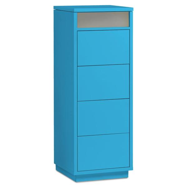 Kommode mit 4 Schubkästen, Klapp-Deckel & Dokumenten-Ablage mit Glasfenster - Schubladen-Turm - Push-To-Open Sideboard türkis-blau