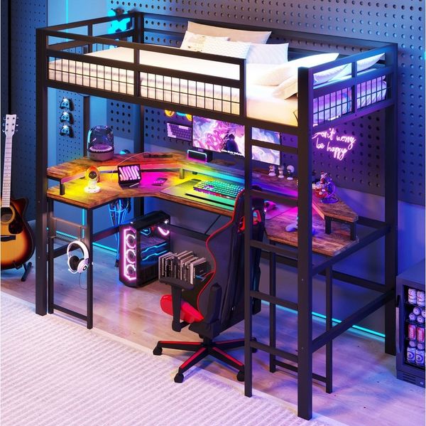 BlingBin Hochbett Funktionsbett Jugendbett Kinderbett mitLED-Beleuchtung (Einzelbett, 1-St, mit Schreibtisch, Lochwand, 2 Steckdosen1 USB und Typ-C-Anschluss) 90x200 cm, ohne Matratze, schwarz