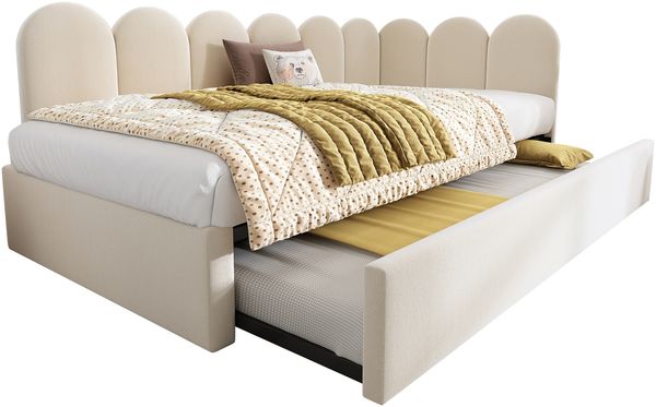 Polsterbett Daybett 90x200 cm Tagesbett Schlafsofa mit Ausziehbett 90x190 cm, Samt, Beige