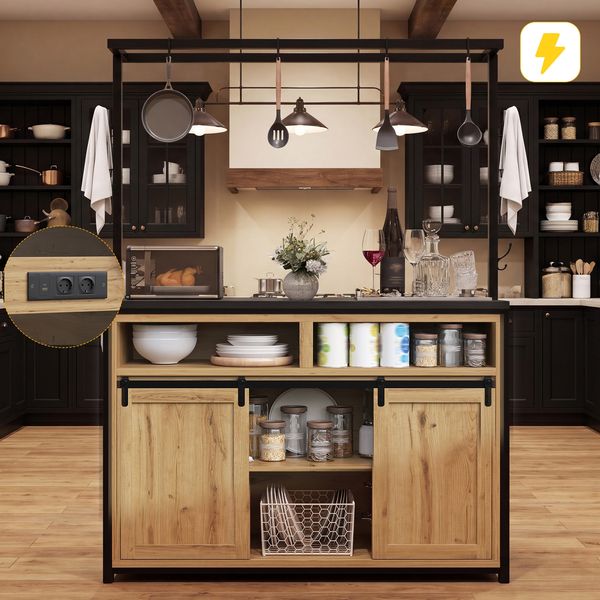 Merax Küchenschrank mit Arbeitsplatte & Stromanschluss, 183cm hoher Kücheninselschrank mit Hängeregal, für Küche & Esszimmer, Holzoptik