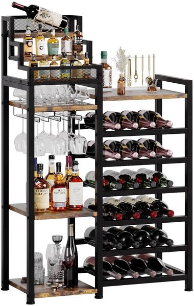 Feonase Kostenloser Standweinregal aus Metall für 24 Flaschen - Schwarzes Weinregal mit Bar, Glashalter, Offene Regale, Weinregal Aufbewahrung