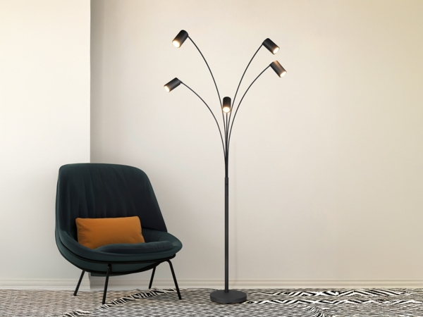 Bogenlampe MARLEY Schwarz 5flammig schwenkbar, 200cm groß