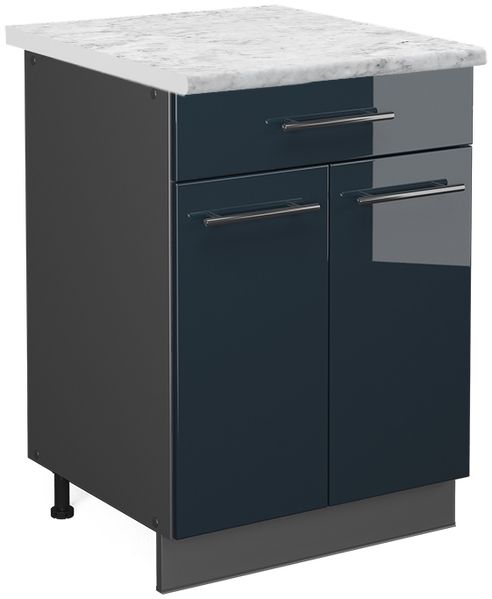 Küchenunterschrank Fame-Line Dunkelblau Hochglanz 60 cm mit Schublade, AP Marmor Vicco