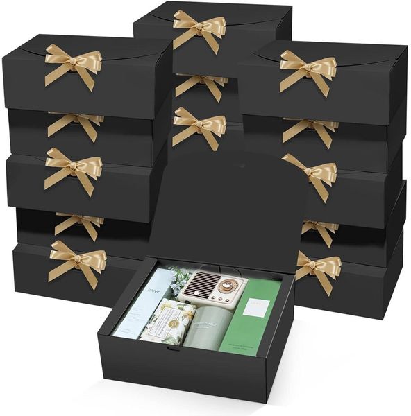 15 Stück Geschenkboxen 25x20x10cm Schwarz Kraftpapier Goldband Hochzeit