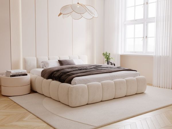 GRAINGOLD Cloud Low Bett 180x200, Polsterbett mit Bettkasten und Lattenrost, Velour-Stoff, Beige