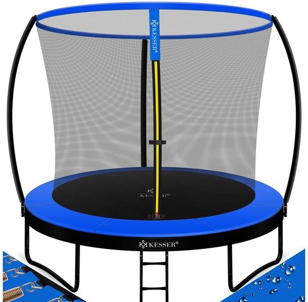 KESSER® Trampolin Gartentrampolin Komplettset mit Sicherheitsnetz, Leiter, Randabdeckung & Zubehör | TÜV Rheinland GS Zertifiziert | Kindertrampolin bis 150 kg | Blau / Schwarz, 244 cm