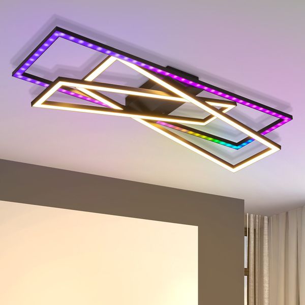 ZMH Deckenlampe LED Deckenleuchte Wohnzimmer - 36W Schwarz Dimmbar Schlafzimmerlampe RGB Farbwechsel Modern Wohnzimmerlampe mit Fernbedienung Flur Deckenleuchten Rechteckig für Küche Büro