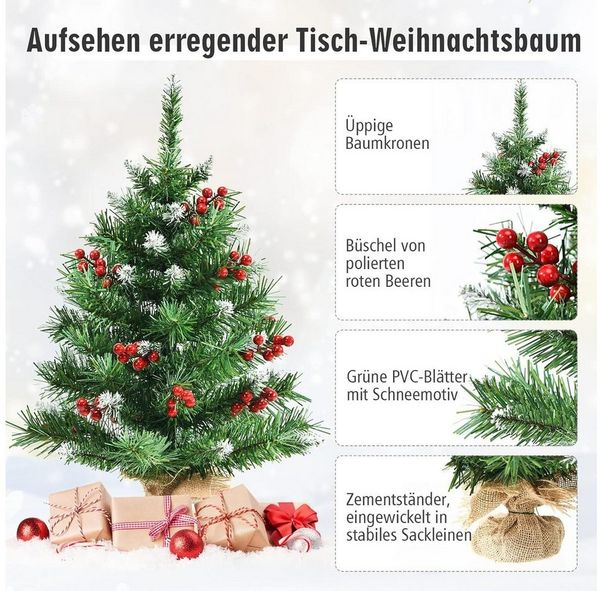 KOMFOTTEU Künstlicher Weihnachtsbaum Mini, mit roten Beeren & Schnee, 60 cm