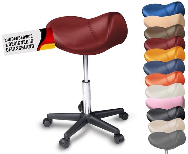 Sattelhocker/Sattelstuhl mit PU Rollen für alle Böden - ergonomisch - stufenlos höhenverstellbar - viele Farben - 360° drehbar - Arbeitshocker - Praxishocker - Kein Werkzeug notwendig Burgund