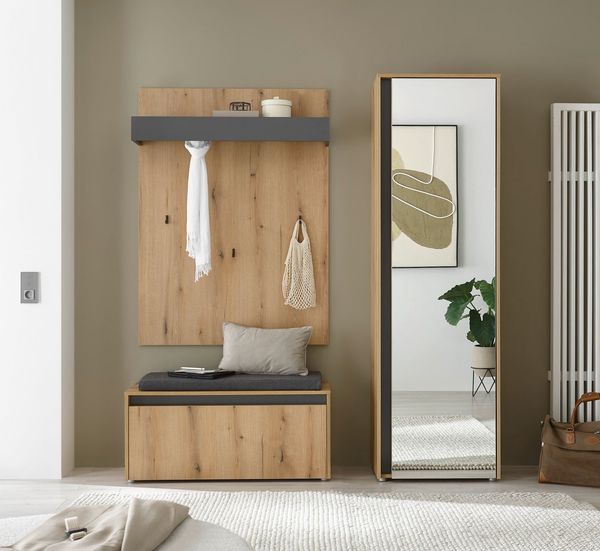 Home affaire Garderoben-Set GIRON/CiTY, moderne Garderobe, Komplettset mit viel Stauraum, (Komplett-Set, 3-St), enthält Garderobenschrank, Paneel, Schuhbank inkl. Sitzkissen