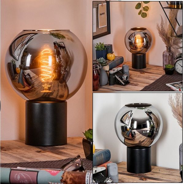 hofstein Tischleuchte Tischlampe aus Metall/Glas in Schwarz/Chrom-/Rauchfarben, ohne Leuchtmittel, Leuchte im Retro/Vintage-Design mit Glasschirm (20 cm), E27