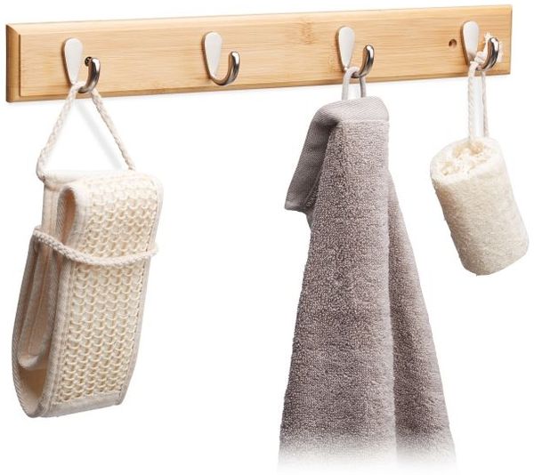 Relaxdays 4 x Hakenleiste Bambus mit 4 Haken