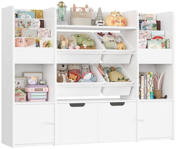 Homfa Spielzeugtruhe Kinderregal mit 2 Schubladen auf Rollen & 4 Boxen Bücherregal, Kinderbücherregal Spiegelregal mit Tür 122x100x30 cm weiß