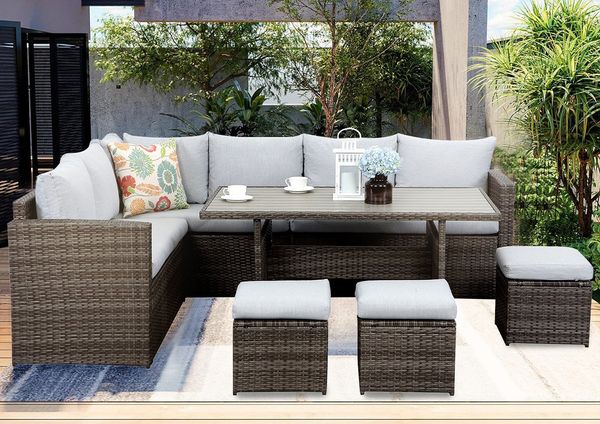 MeXo Loungeset Rattan Gartenmöbel Set 8 Personen Wetterfest, (Esstisch breit 132x76x67cm, 7-tlg, Belastbarkeit pro Sitzplatz bis zu 140kg), Gartenlounge Set mit Esstisch, Verbreiterte Armlehne