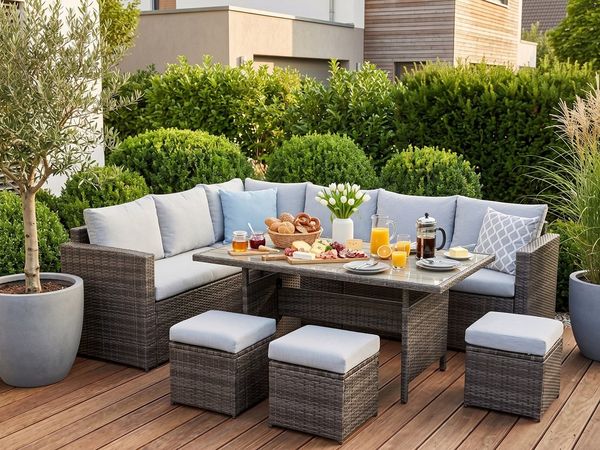 MeXo Loungeset Gartenlounge Set für 8 Personen wetterfest, (Esstisch breit 132x76x67cm, 7-tlg, Belastbarkeit pro Sitzplatz bis zu 140kg), Ecklounge, pflegeleichte Polywood-Tischplatte, Polyrattan/Stahl