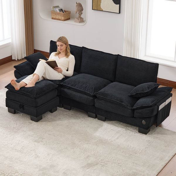 3-Sitzer Sofa aus Cord 260x132x84 cm mit Hocker & USB-C, schwarz