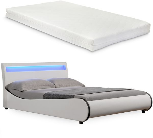 Kunstlederbett Valencia LED RGB Beleuchtung Kaltschaummatratze 140x200 cm Weiß Corium