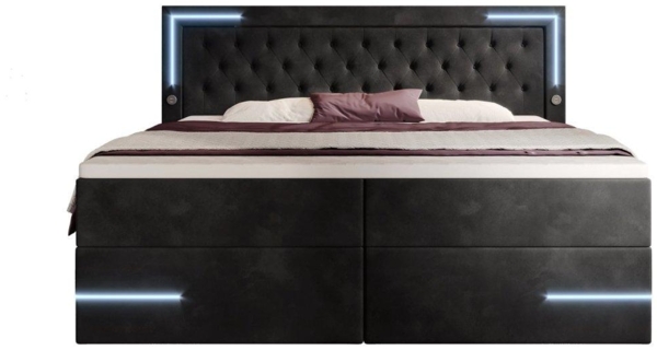 Boxspringbett Carlotta mit LED, Stauraum und USB (Samt) 140x200 Schwarz H3 (70-100kg)