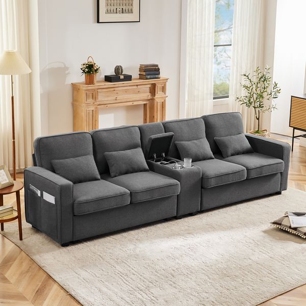Sofa mit USB-Anschluss, Getränkehaltern, Aufbewahrung & Leinenbezug ,Komfortsofa mit Lendenkissen für Wohnzimmer,Dunkelgrau