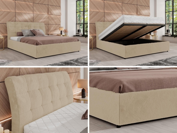 Polsterbett mit Lattenrost Gasfeder Doppelbett GALA CLASSIC gepolstert Kopfteil Bettkasten Pocket Matratze - 140x200 cm - Creme Plüsch - VIRE LUX Bild 2