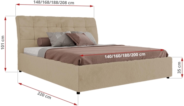 Polsterbett mit Lattenrost Gasfeder Doppelbett GALA CLASSIC gepolstert Kopfteil Bettkasten Pocket Matratze - 140x200 cm - Creme Plüsch - VIRE LUX Bild 4