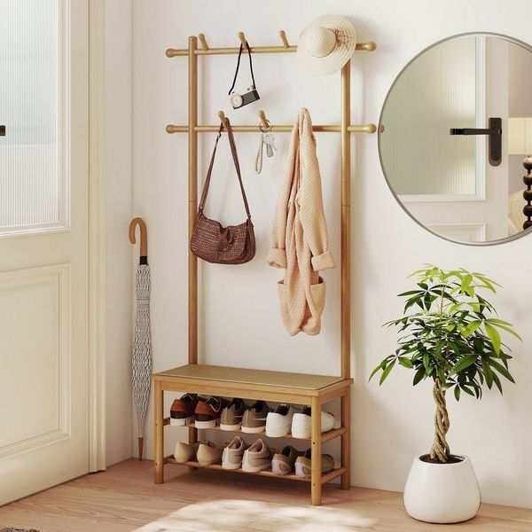 COSTWAY Kleiderständer, 3-in-1, mit Schuhbank, 2 Aufhängestangen & 13 Haken