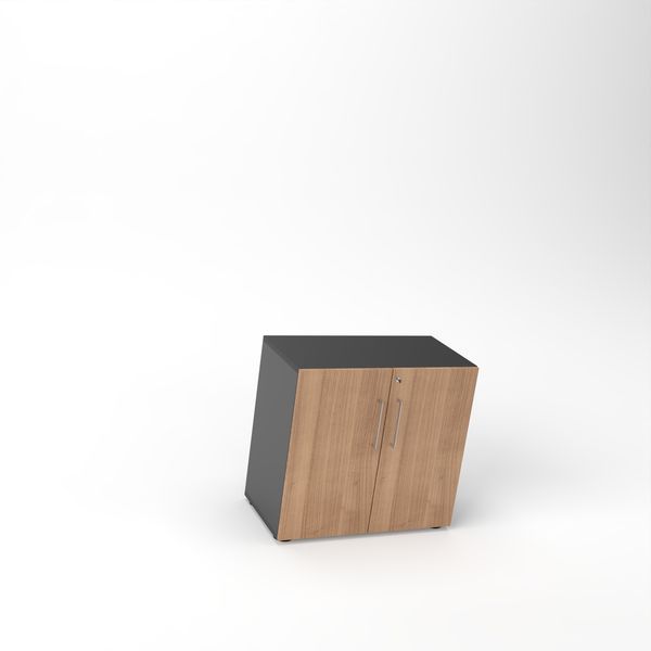 Rheinland Möbel Flügeltürenschrank Cabino 80×42×75 cm – abschließbarer Aktenschrank 2OH in Graphit/Nussbaum mit 110° Drehtüren & Metallgriff