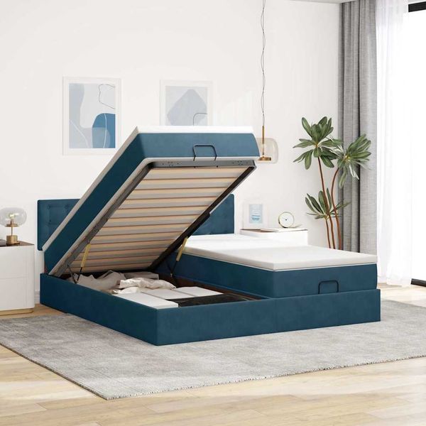 vidaXL Ottoman-Bett mit Matratzen & LEDs Dunkelblau 180x200 cm Samt 3312963