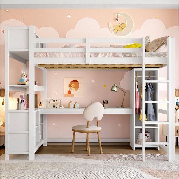 Flieks Hochbett Kinderbett 140x200cm mit Schreibtisch, Stauraumfächer, Kleiderschrank