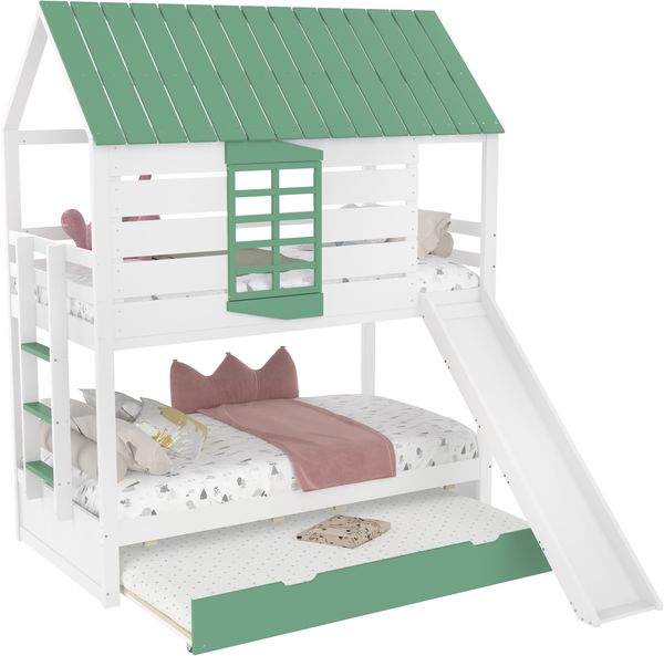 90X200 Haus-Etagenbett mit Rutsche und Ausziehbett, Weiß+Grün