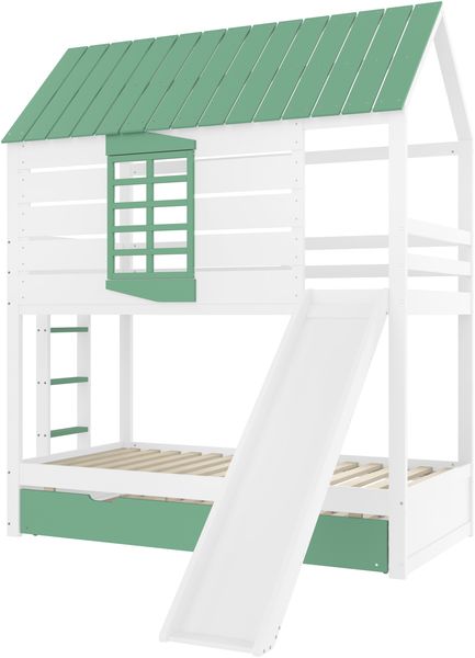 90X200 Haus-Etagenbett mit Rutsche und Ausziehbett, Weiß+Grün Bild 8