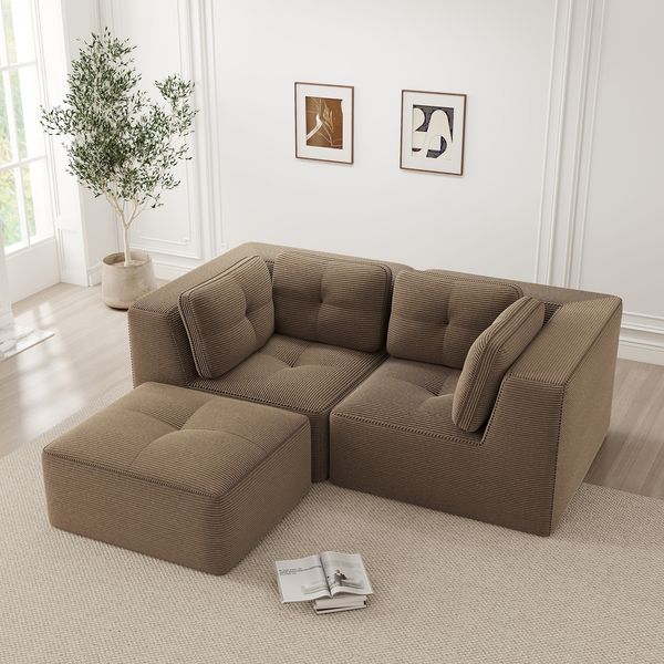 Flieks 2-Sitzer Modulares Sofa mit Hocker, Cloud Sofa Cord rahmenlos, Lounge Sofa bodennah, mit breiten Armlehnen, Braun