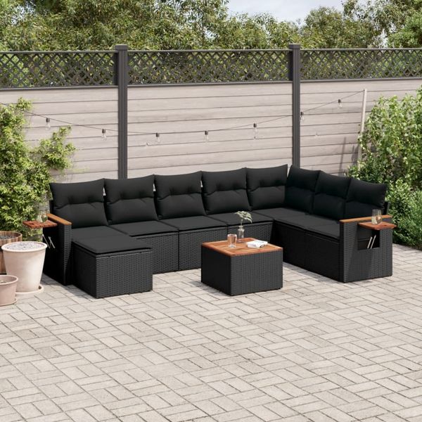 vidaXL 9-tlg. Garten-Sofagarnitur mit Kissen Schwarz Poly Rattan 3259493