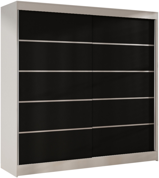 Kleiderschrank Basti IV 200 cm - Schwebetürenschrank mit Kleiderstange und Einlegeboden, Schlafzimmerschrank mit 2 Türen, Schiebetüren, 200x215x58 cm (Weiß/Schwarz)