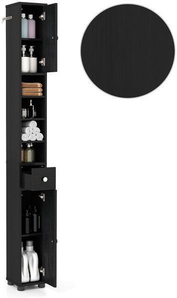 Schmaler Badschrank mit 2 Türen & 1 Schublade & Verstellbaren Regalen Badezimmerschrank Schwarz