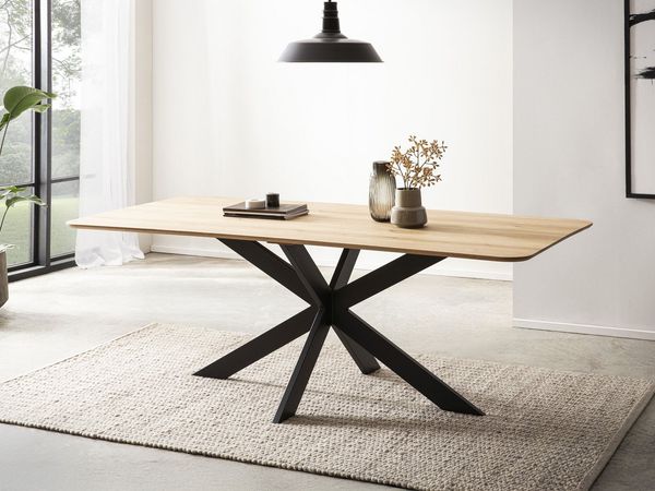 Massivart® Esstisch Eiche massiv / geölt 160/180/200 × 100 cm / Schweizer Kante / MARKUS, Metallgestell schwarz · handgefertigtes Unikat · Industrial-Look