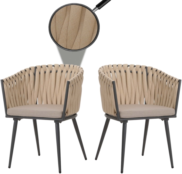 2er-Set Aluminium-Esszimmerstuhl HWC-N38, Indoor Stuhl Armlehne, Olefin Seilgeflecht Rope ~ creme Kissen hellbraun