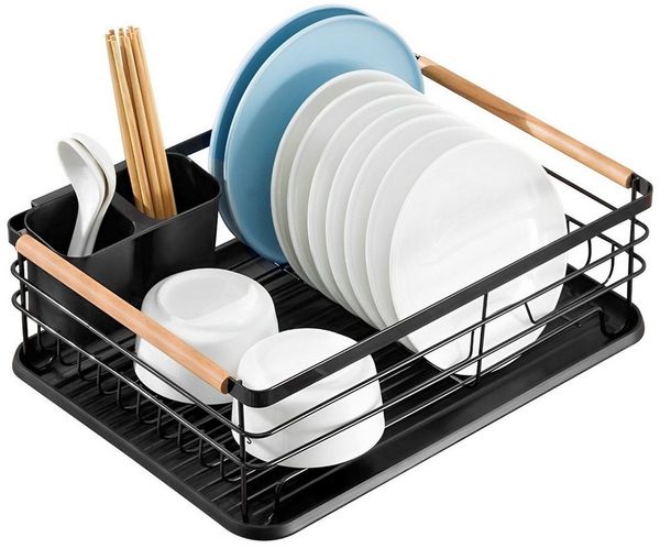 Youyijia Küchenorganizer-Set Geschirr Abtropfgestell Schwarz Matt Metall Geschirrkorb