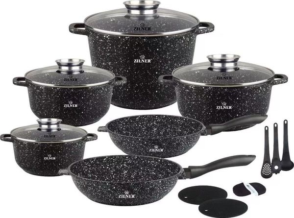 Zilner Topf-Set Schöne Töpfe in verschiedenen Größen mit Pfannen Steinbeschichtung, Aluminiumguss, Aluminium, Keramik, Edelstahl (1.3L / 2.4L / 3.4L / 4.6L / 6.3L / 6.9L, 17-tlg, Es ist eine perfekte Geschenkidee für jeden Anlass. Bestseller-Topfset), ...