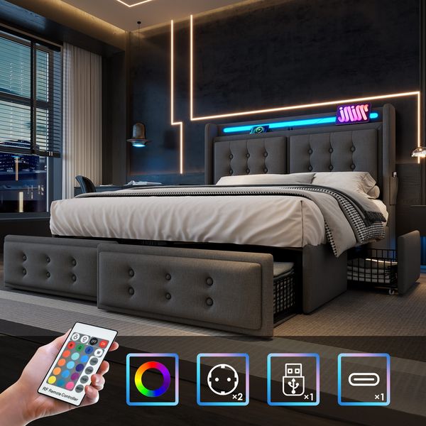 Polsterbett 180x200 cm mit 4 Schubladen, LED-Beleuchtung, USB/Type-C Ladeanschluss, Baumwoll-Leinen,Grau