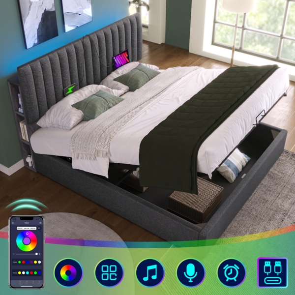 Polsterbett 140x200 cm mit LED Kopfteil,USB & Typ-C Ladefunktion,Stauraum & Gasdruckfeder,Grau,inklusive Matratze