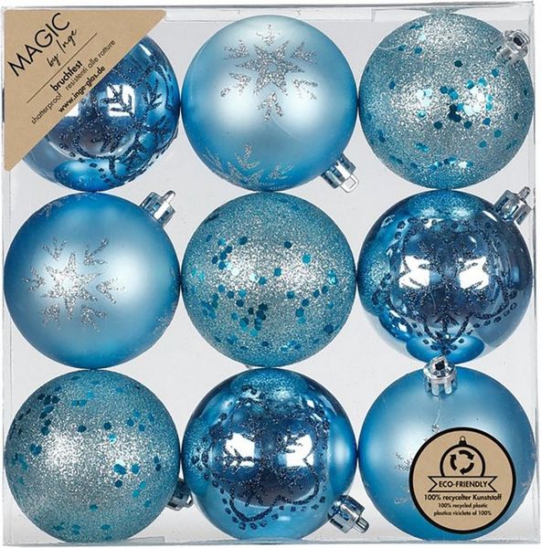 MAGIC by Inge Weihnachtsbaumkugel, Weihnachtskugeln Kunststoff 6cm mit Glitzer 9er Set - Aqua Blue