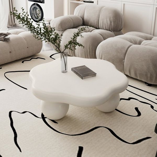 OKWISH Couchtisch Blütenblatt-Design, modern-minimalistisch für kleine Wohnungen (Packung, 1-St, 79 x 31 x 79 cm Kaffee-Tisch in Creme-Weiß, Wolkenform mit Kugelbeinen), Kinder- & haustierfreundlich, platzsparend im Wohnzimmer